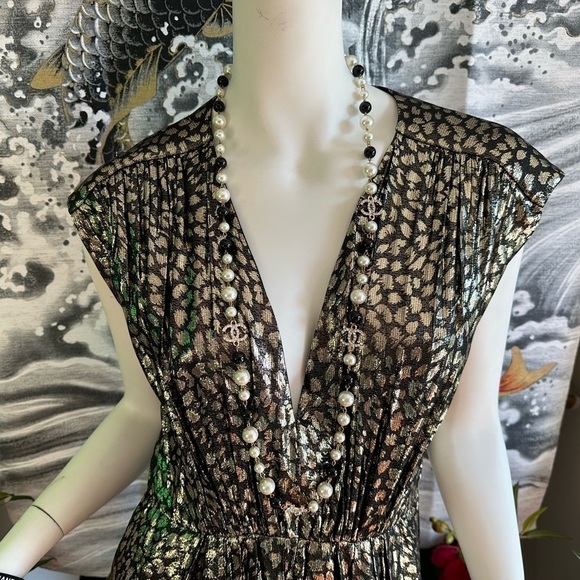 Masscob LA CORUNA BLACK & METALLIC GOLD V-NECK SHORT SLEEVE DRESS LARGE - Picture 5 of 11